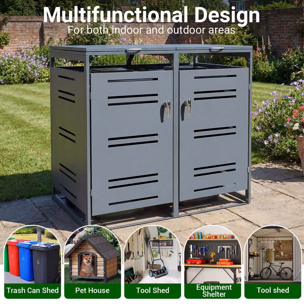 Costway Lockable Double Outdoor Garbage Bin Storage Shed in Grey, Galvanised Steel Bin Store, W/D/H: 132.0 x 80.0 x 117.0 cm – 7