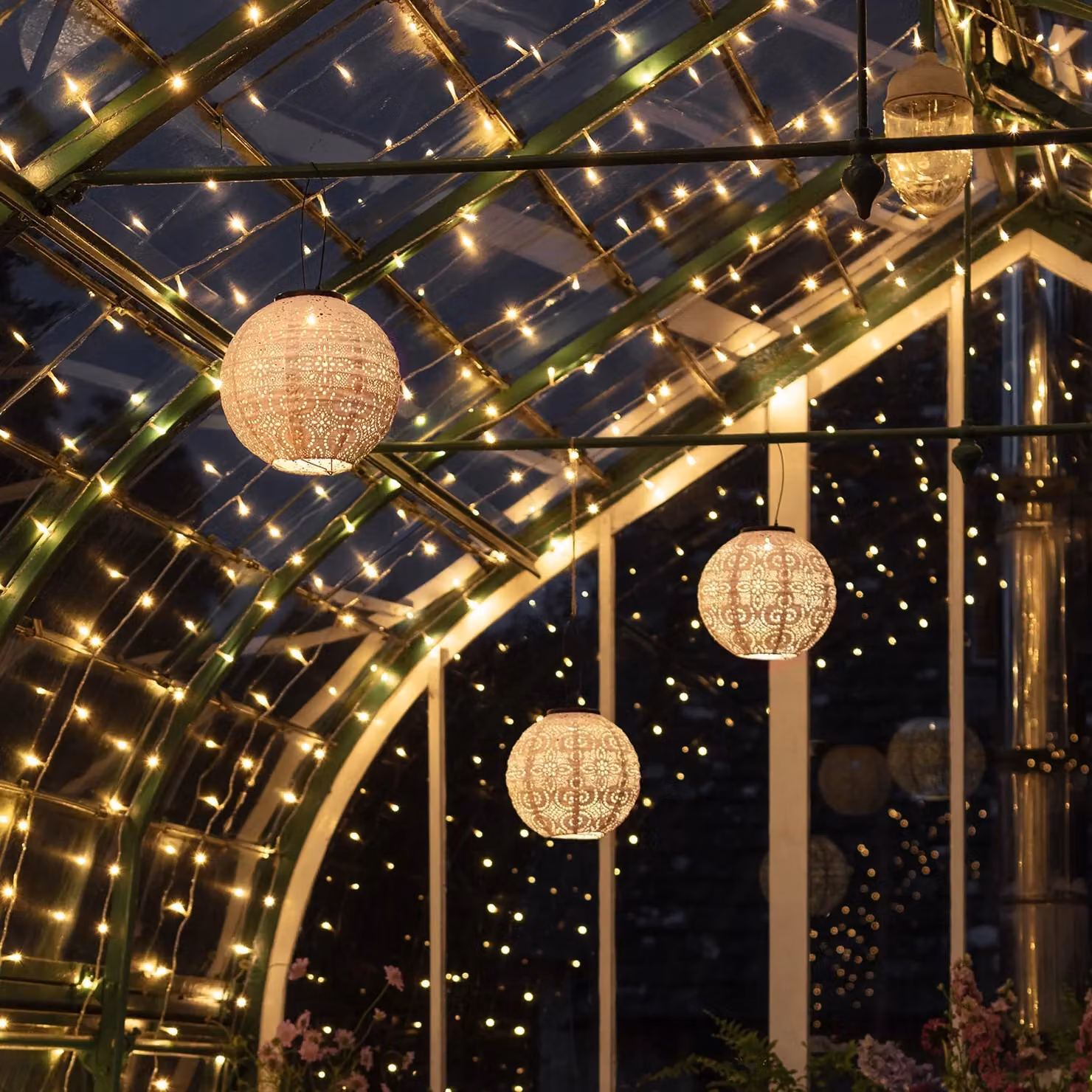 Lights4fun Boho LED Lantern Canopy Outdoor Lighting Bundle in White and Transparent