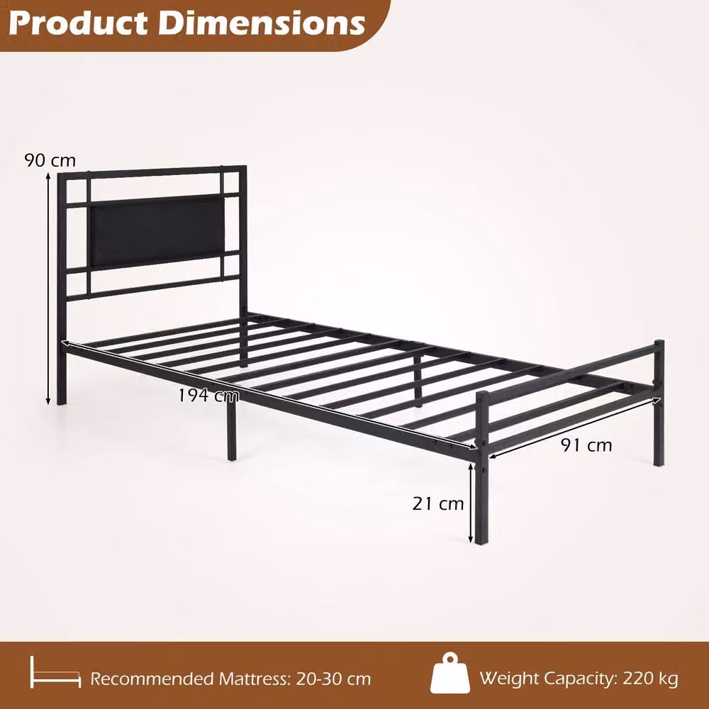 Gymax Single Bed Frame with Upholstered Headboard and Metal Slats, Black, 90 x 200 cm – 2