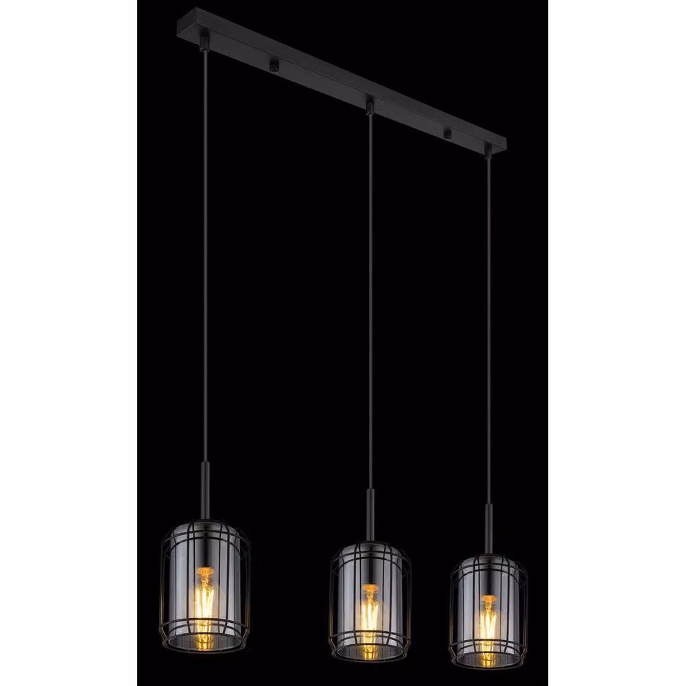 Netlighting Globo Lighting Industrial Bar Pendant Light with Smoked Glass and Black Metal, 3x E27, Height: 120 cm – 6