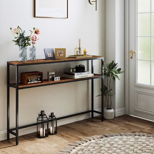 VASAGLE 2-Tier Slim Console Table for Hallway, Living Room or Bedroom, Rustic Brown and Ink Black