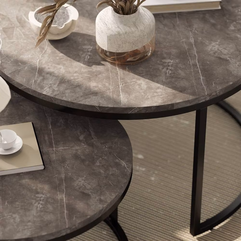STILVORA Set of 2 Round Nesting Coffee Tables with Black Metal Frame and Grey Composite Tops – 7