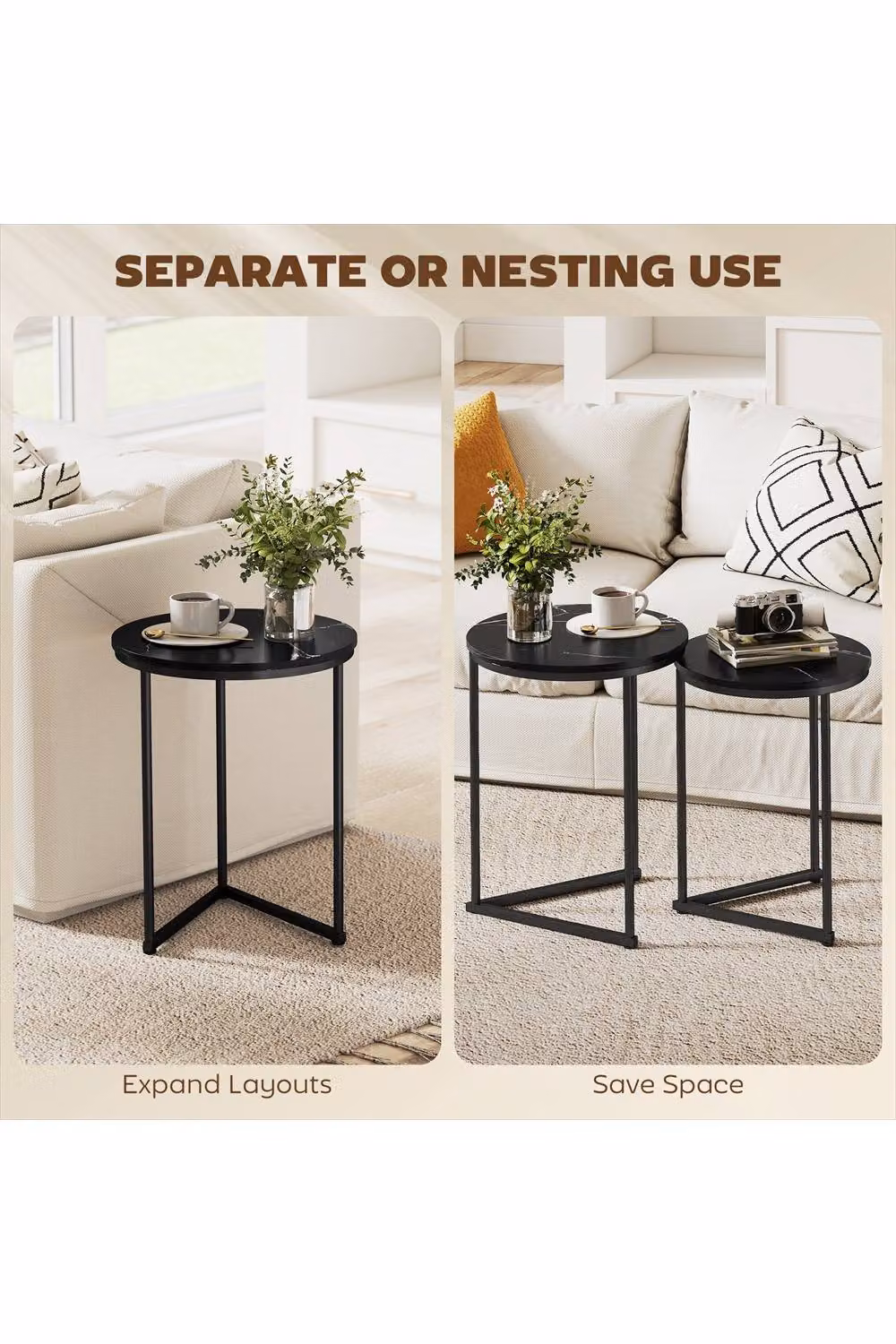 ERGOVEXA Set of Two Black Marble-Effect Round Nest of Tables – 2