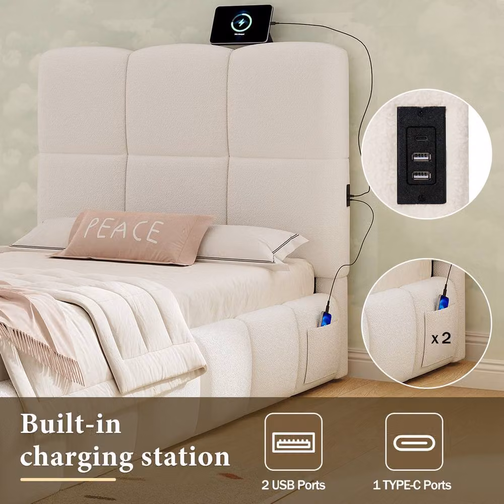Merax White Bouclé Upholstered Single Ottoman Bed with Tufted Headboard and USB Charging Port, W/D/H: 90 x 190 x 150 cm – 3
