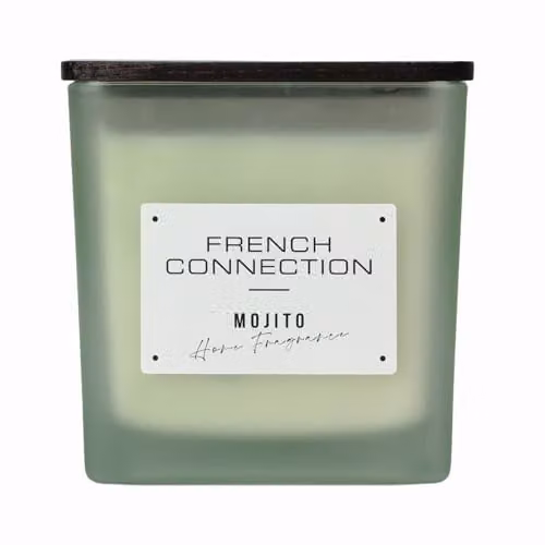 French Connection Mango Motijo Scented Candle in Green Frosted Glass Jar with Wooden Lid – 1