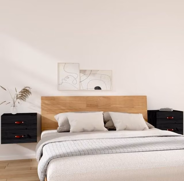 Berkfield Home Set of 2 Wall-mounted Bedside Cabinets in Black, W: 50 cm, D: 36 cm, H: 40 cm – 1