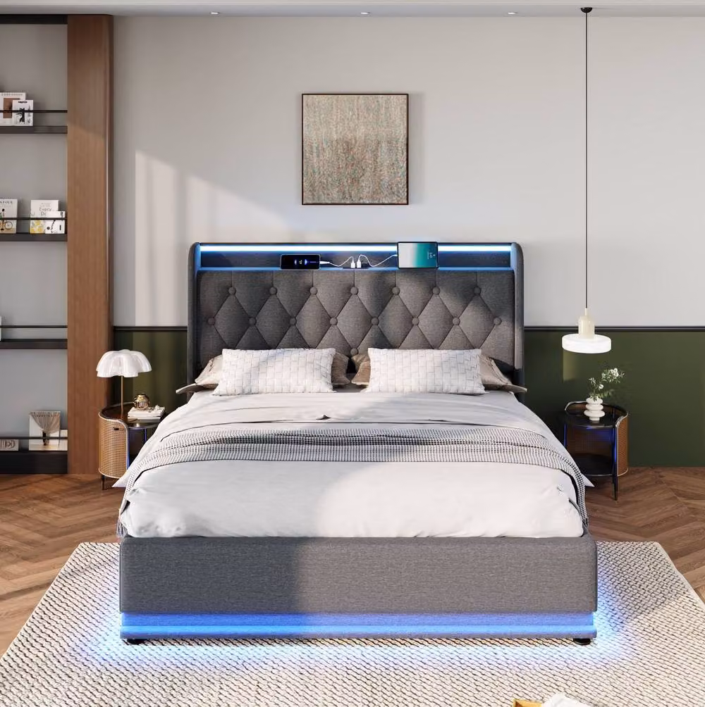 STILVORA King Size Ottoman Bed in Grey with LED Lighting, USB Charging Ports and Under-Bed Storage, W/D/H: 180 x 200 cm – 3