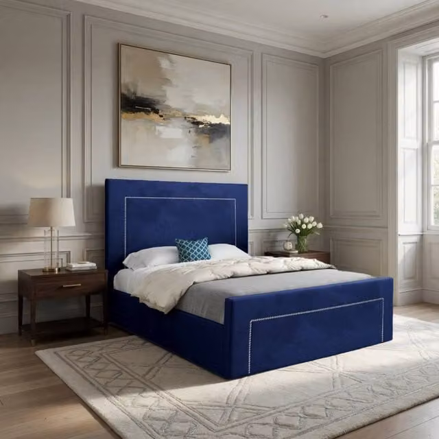 KDMD Lyminge Upholstered Blue Velvet Designer Bed Frame, W/D/H: 180 x 159 x 137 cm
