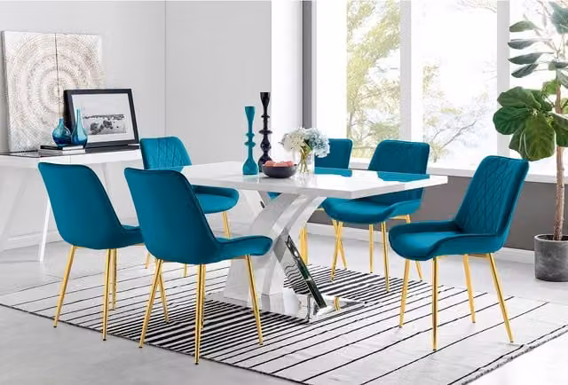 FurnitureboxUK Atlanta 6 White Rectangular Dining Table and 6 Pesaro Blue Upholstered Chairs with Gold Legs