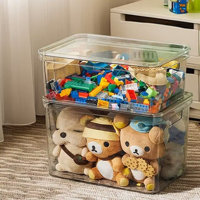 Livingandhome Stackable Plastic Storage Boxes with Lids and Handles, Transparent and White