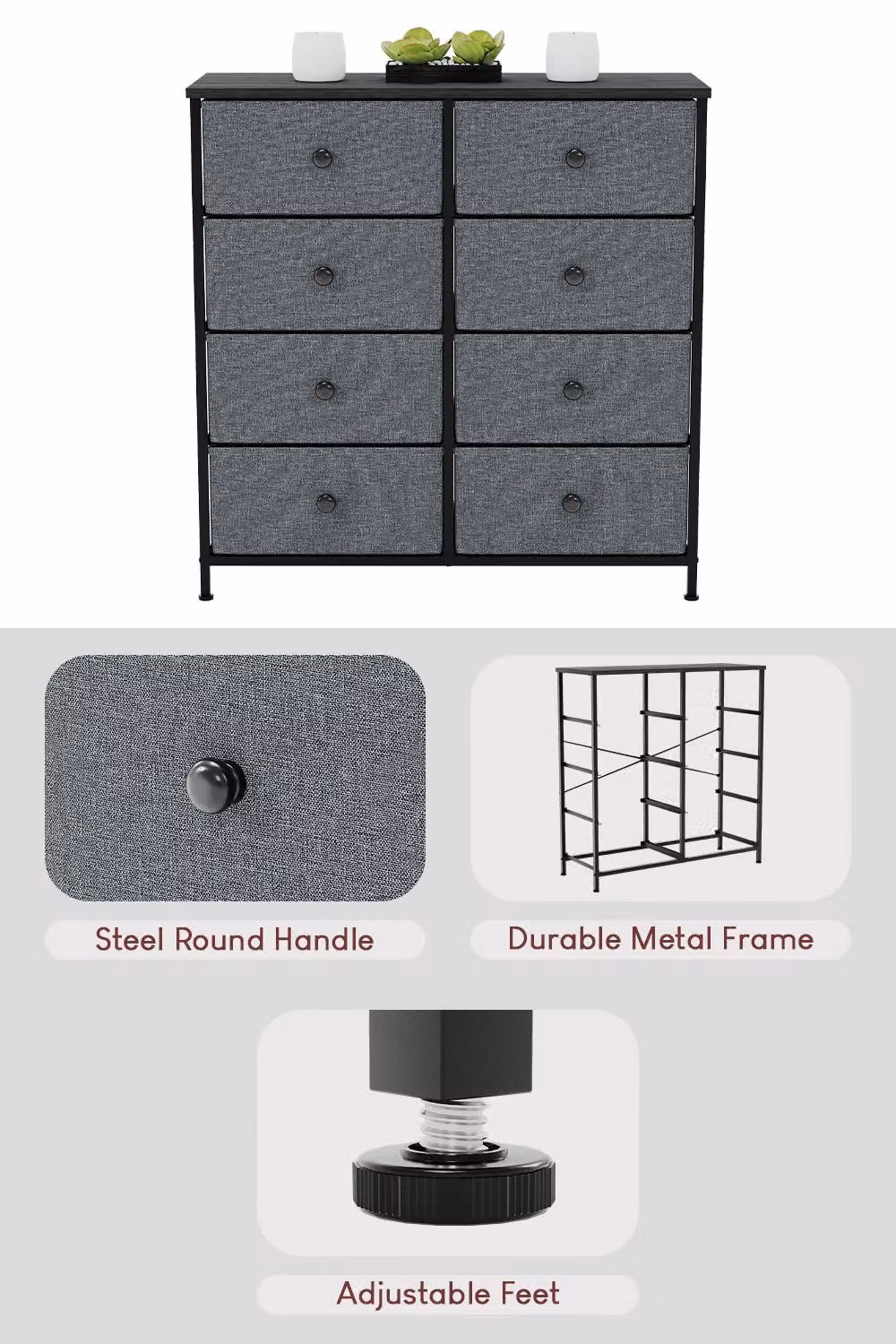 HD Designs Chorley 8 Drawer Chest of Drawers in Dark Grey Fabric and Metal – 2