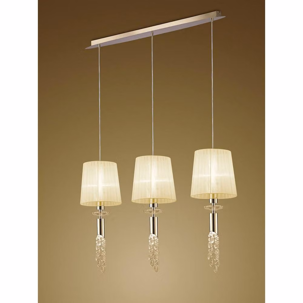 Netlighting Tiffany Linear Pendant Light in French Gold with 6 Cream Crystal and Fabric Shades – 2