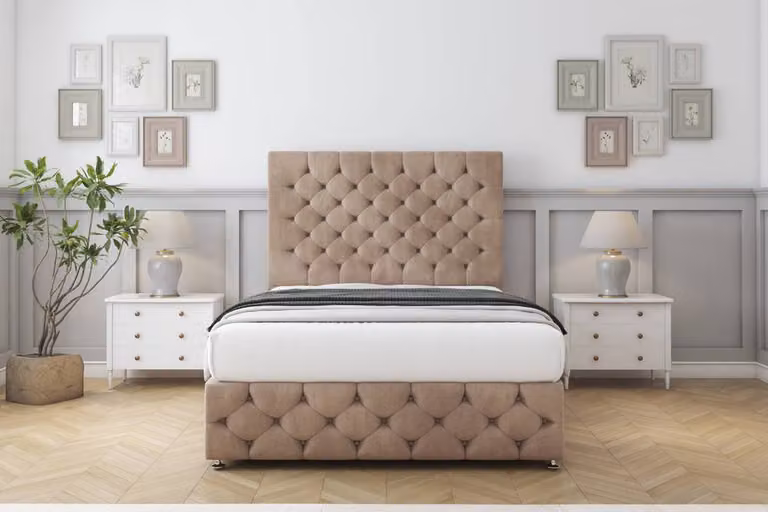 Sloomy Watson Naples Divan Set in Light Brown, Super King Size, with 54 inch Headboard and 12 inch Footboard