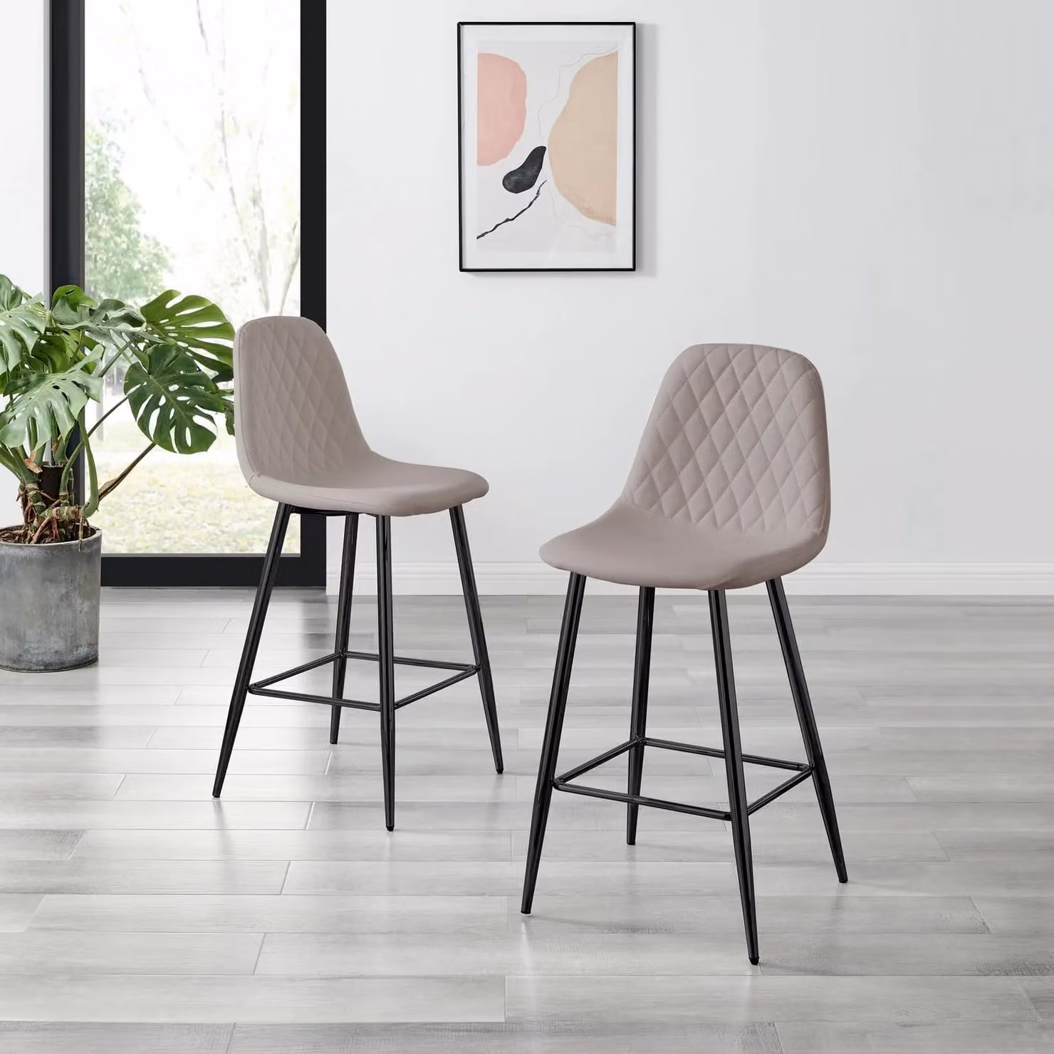 FurnitureboxUK Corona Set of 2 Faux Leather Counter Stools with Black Metal Legs in Beige – 2