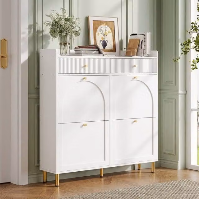 STILVORA Modern White Shoe Cabinet with 4 Tilting Compartments and 2 Drawers
