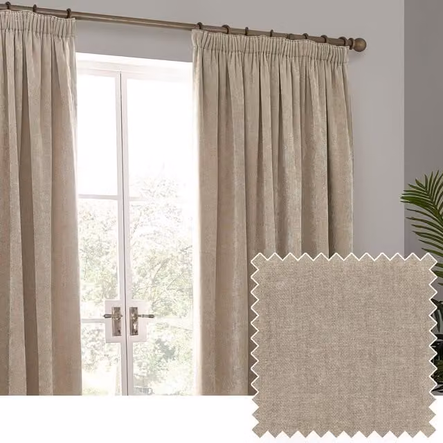 Yard Riva Home Heavy Chenille Velvet Room Darkening Pencil Pleat Curtain Pair in Beige/Sand, W/D/H: 117 x 117 x 183 cm
