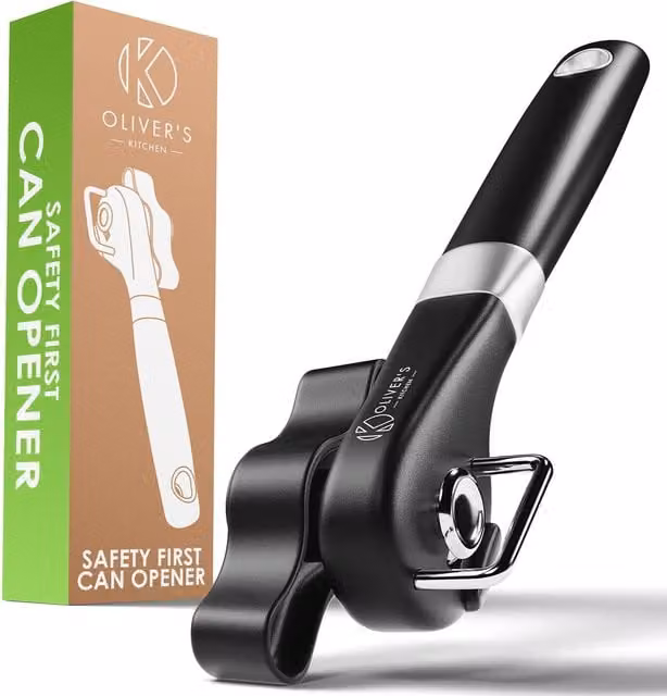 Oliver's Kitchen Safety Can Opener in Black with Ergonomic Grip and Stainless Steel Blades
