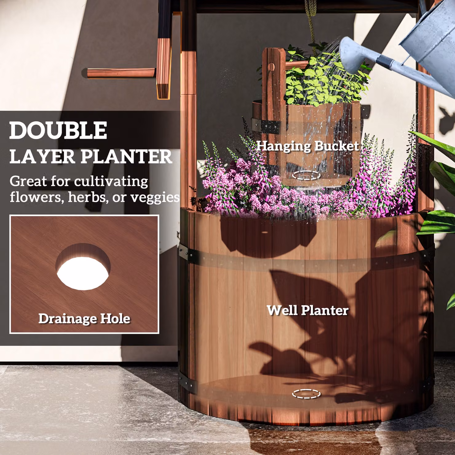 Outsunny Carbonised Wood Wishing Well Planter with Hanging Bucket in Brown – 5