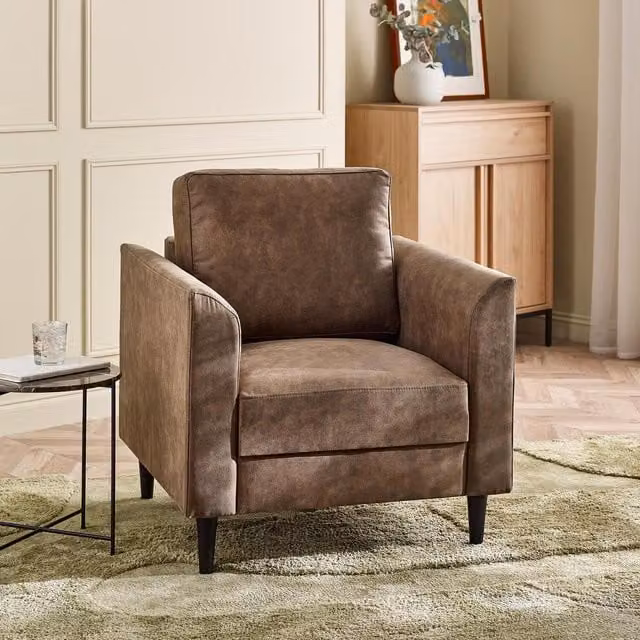 Furniturebox Logan Brown Faux Leather Armchair with Solid Wood Frame