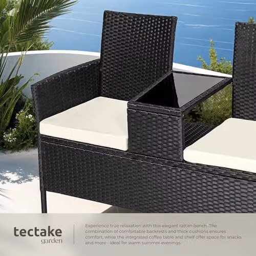 tectake Outdoor Bench with Integrated Table and Cushions in Black and Beige, W/D/H: 133 x 63 x 84 cm – 4