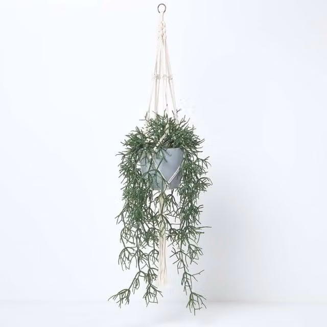 Homescapes Artificial Rhipsalis Hanging Plant with Macramé Rope Hanger and Grey Pot, Green – 1