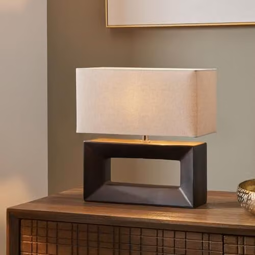 Pacific Lifestyle Abstract Square Ceramic Table Lamp with Beige Fabric Shade, Black, W: 32 cm, D: 16 cm, H: 34.5 cm – 1