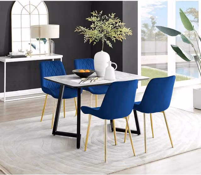 FurnitureboxUK Carson White Marble Effect Rectangular Dining Table and 4 Pesaro Navy Blue Chairs with Gold Legs