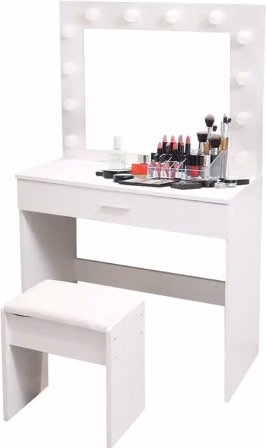 Alivio Hollywood Dressing Table with LED Lights and Stool Set in White