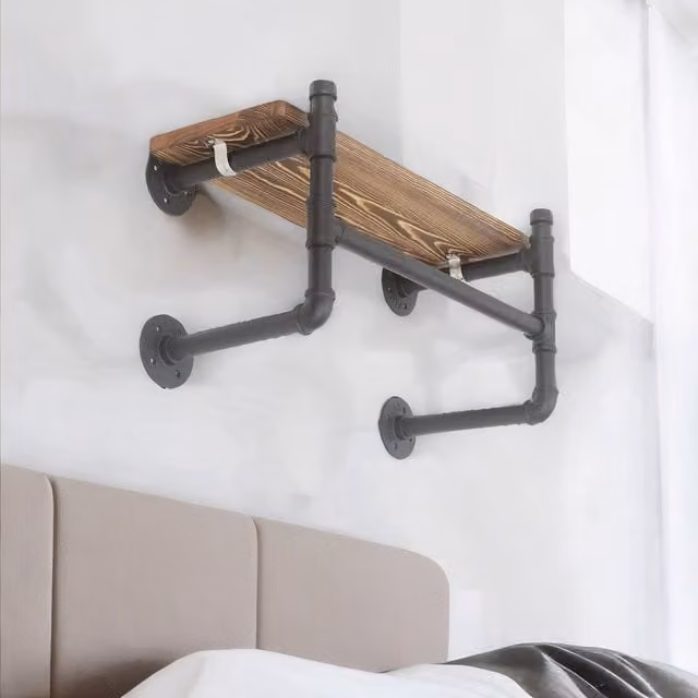 Furnold Industrial Pipe Wall-Mounted Floating Shelf with Hanging Rail in Brown and Black