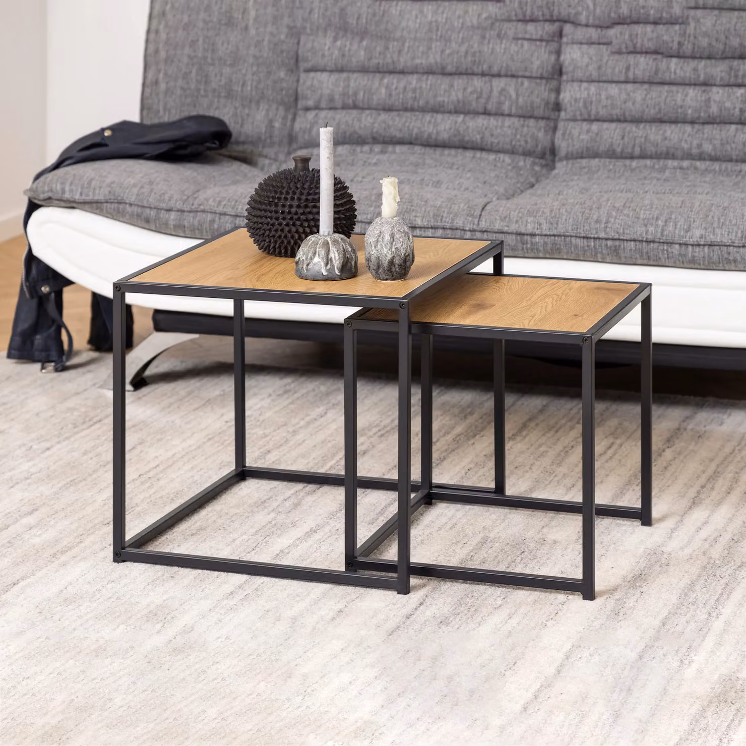 Furniture To Go Seaford Nest of Tables with Black Metal Frame and Brown Oak Wood Tops – 4