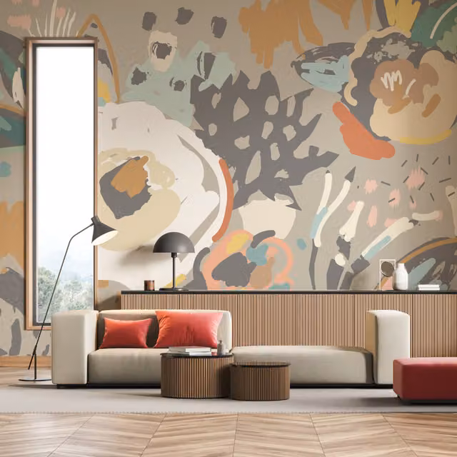 Origin Murals Abstract Floral Wall Mural in Grey and Multicolour