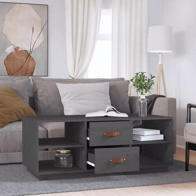 Berkfield Home Beautiful Grey Solid Wood Pine Coffee Table W: 100 cm, D: 50 cm, H: 41 cm – 1
