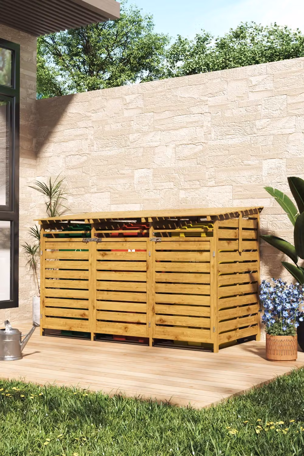 Living and Home Brown Spruce Wood Outdoor Trash Can Storage Shed with 3 Hinged Doors, H 198.0 cm x W 122.5 cm x D 40.0 cm (assumed based on provided values)

Wait, the instructions state: "If no dimensions are present in the original text, leave them out  – 2