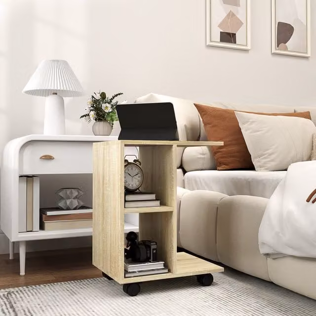 HOMCOM C Shape End Table with 2 Shelves in Natural Wood Finish