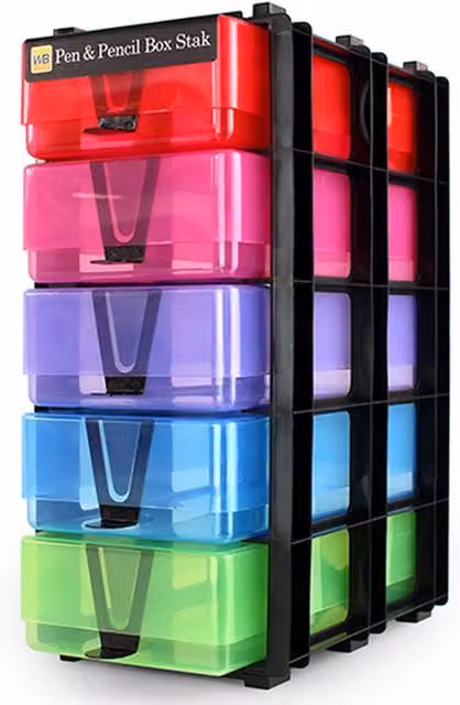 WestonBoxes Stackable Stationery Storage Unit with 5 Multi-Compartment Boxes in Multicolour and Transparent Plastic, W/D/H: 23.5 x 32.5 x 14.5 cm