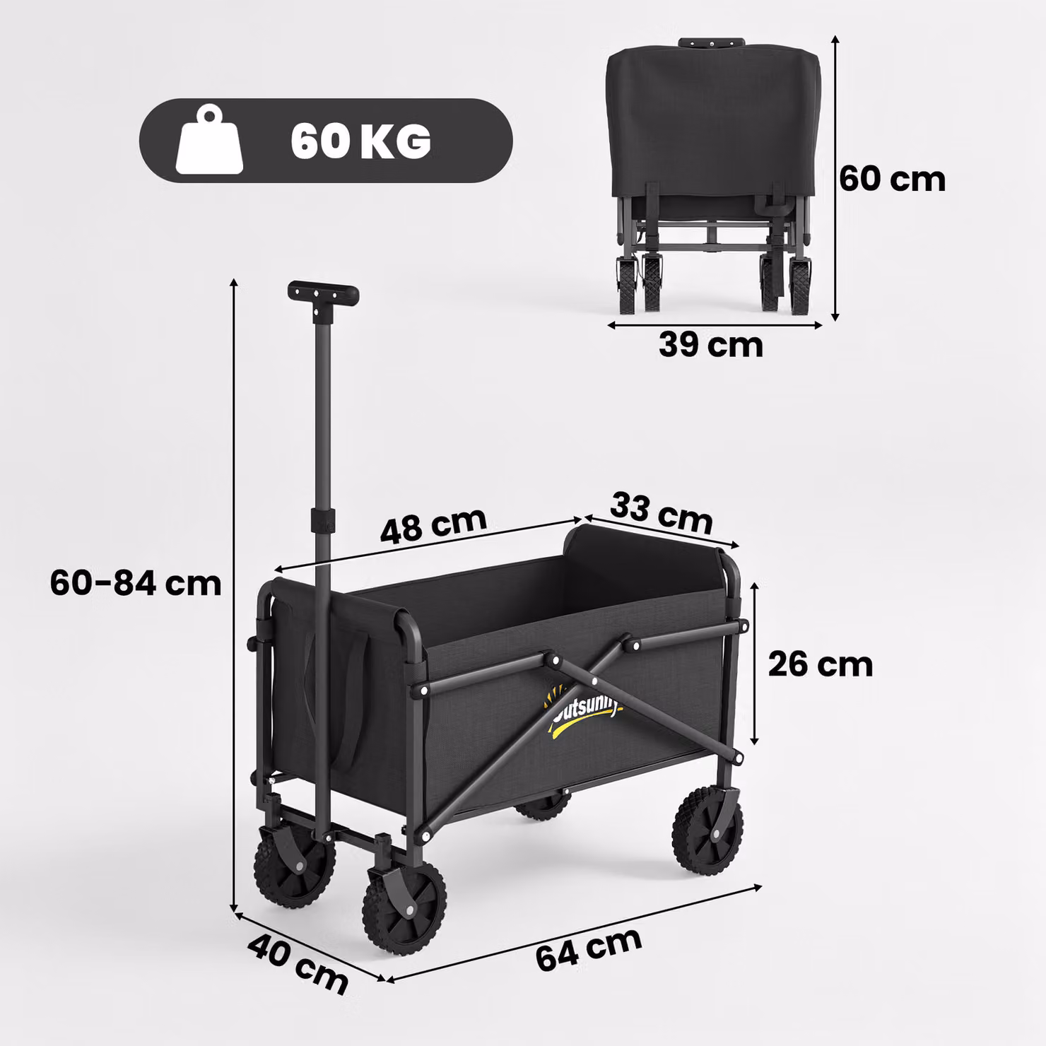 Outsunny 41L Festival Trolley on Wheels, Black Heavy Duty Collapsible Folding Wagon with Adjustable Handle and Carrying Bag – 3