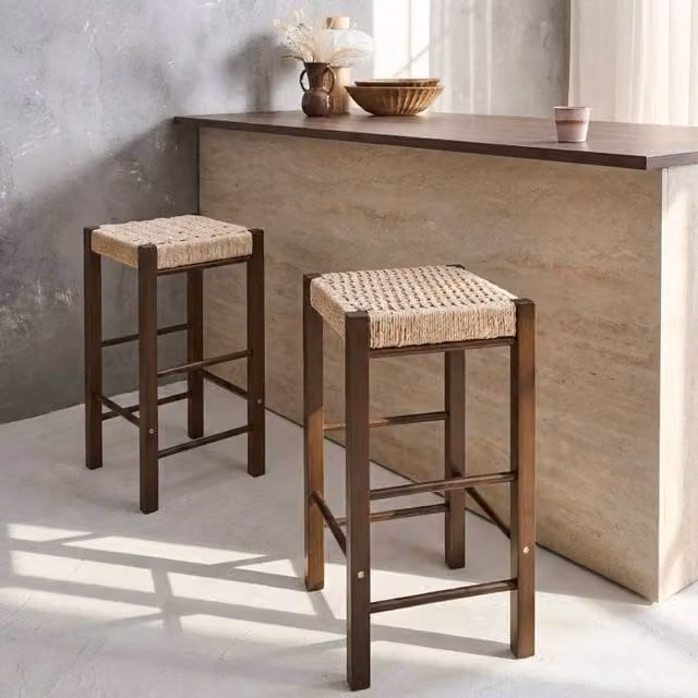 Wyld and Coco Boho Bar Stools Set of 2 in Dark Brown Rubberwood with Woven Paper Rope Seats