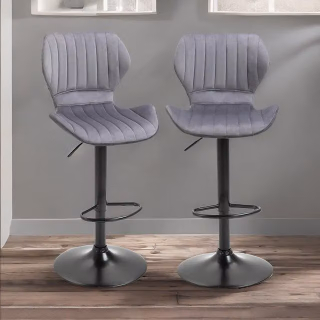 Rafaelo Mobilia Grey Retro Velvet Bar Stools Set of 2 with Adjustable Height and Swivel