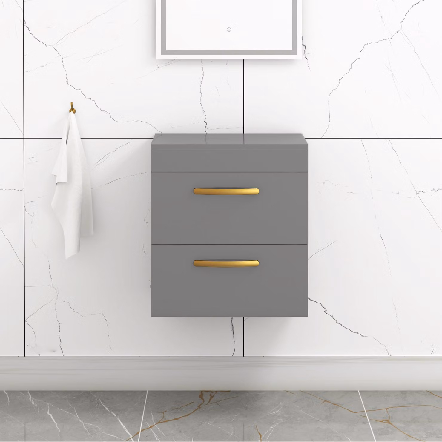 Royal Bathrooms 500mm Wall Hung 2 Drawer Vanity Unit in Indigo Grey Gloss with Brushed Brass Handles