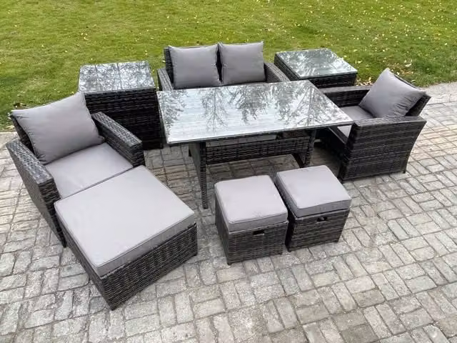 Fimous 7 Seater Polyrattan Outdoor Garden Furniture Set with Rectangular Glass Dining Table and Lounge Sofa in Grey