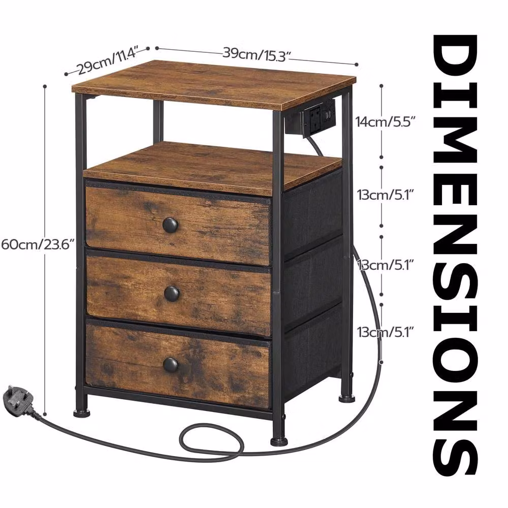 FURNOS Smart Bedside End Table with 3 Drawers and USB Ports, Brown, W/D/H: 60 x 39 x 29 cm – 6