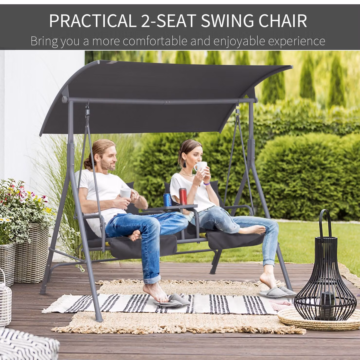 Outsunny Grey 2-Seater Steel Frame Swing Chair with Table and UV-Resistant Sun Canopy – 6