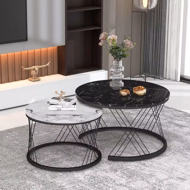Modern Home Store Set of 2 Modern Marble Design Round Coffee and Side Tables in Black and White