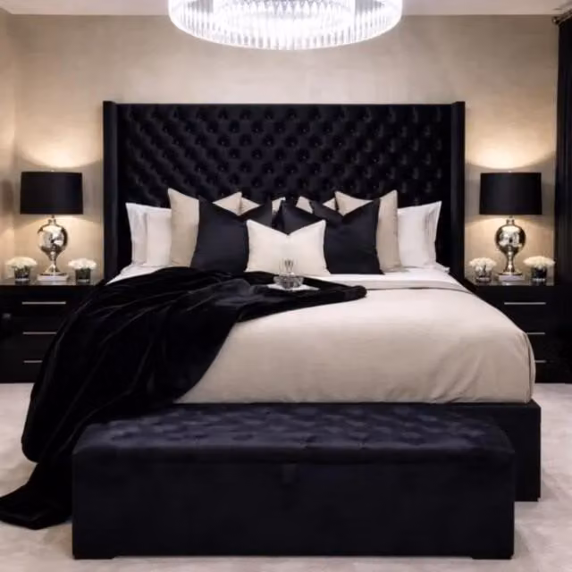 HOB Furniture Chelsea Wing Divan Bed in Navy Blue Chenille Fabric, King Size (W/D/H: 180 x 200 cm) – 1