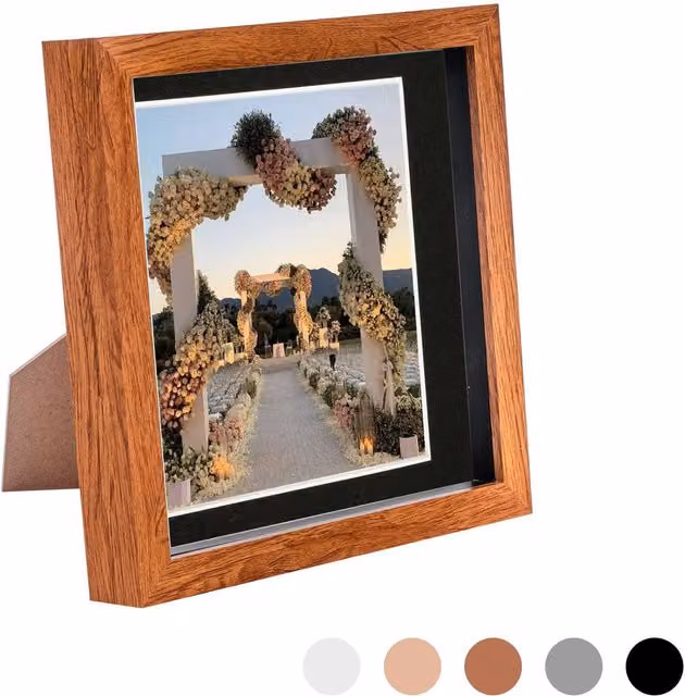 Nicola Spring 3D Box Photo Frame in Dark Wood and Black with 6 x 6 inch Mount, W/D/H: 20.32 x 20.32 x 20.32 cm
