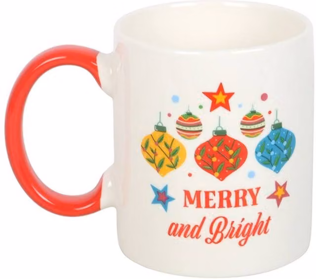 Uniqueful Merry & Bright Bauble Ceramic Mug, Red, White and Multicolour, 550 ml