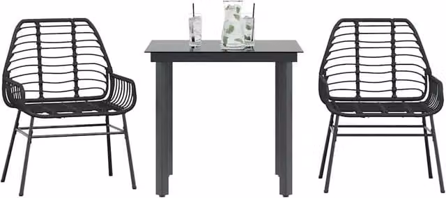 Berkfield Home 3 Piece Black Poly Rattan Garden Dining Set with Glass Top – 1