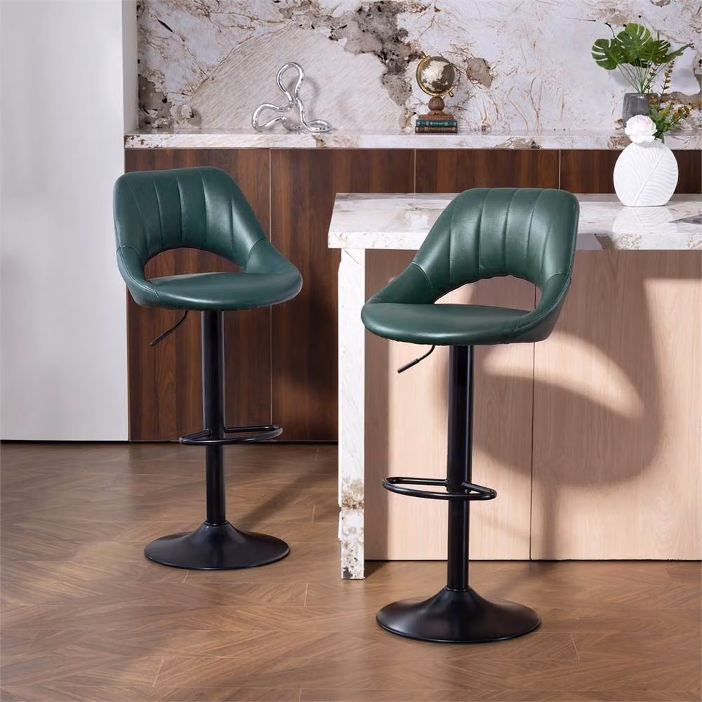 Nordara Set of 2 Green Synthetic Leather Swivel Barstools with Backrest and Footrest – 3