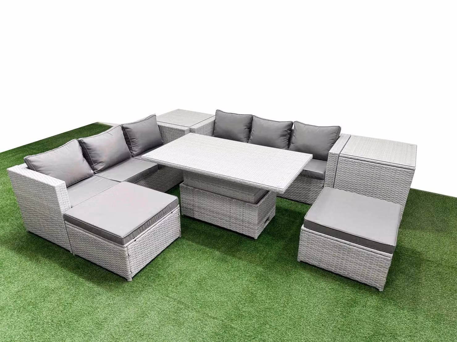 Fimous 7 Piece Rattan Dining Table Set with 3 Seater Sofa in Light Grey – 2
