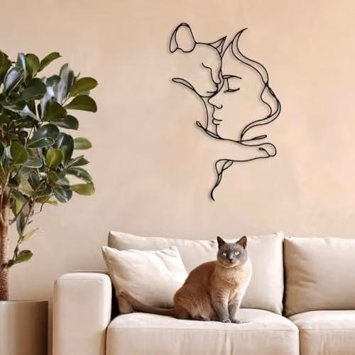 Decortie Woman and Cat Metal Line Art Wall Decor, Black, 70 cm – 3